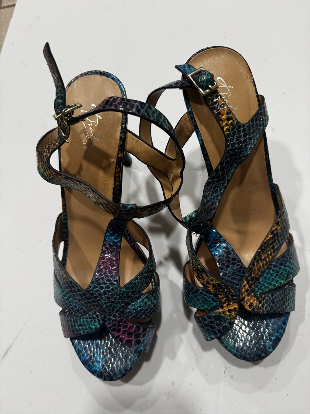 Multicolor Snakeskin Strappy High-Heel Sandals